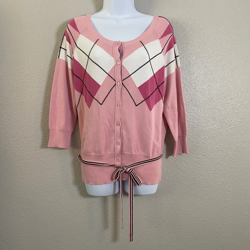 Vintage Y2K Pink Preppy Feminine 2000s Argyle 100% Cotton Knit Cardigan PL